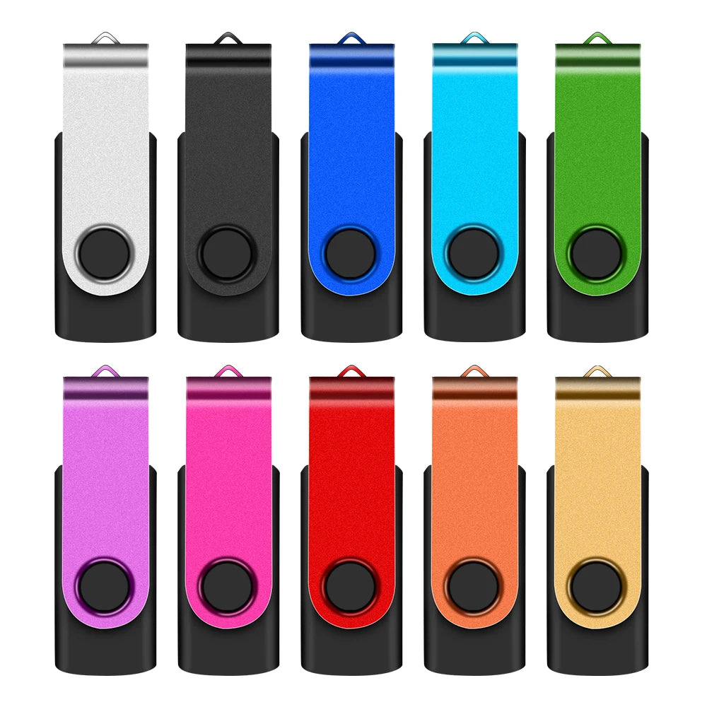 A row of ten rotatable USB flash drives with metal connectors in various colors including silver, black, blue, cyan, green, p