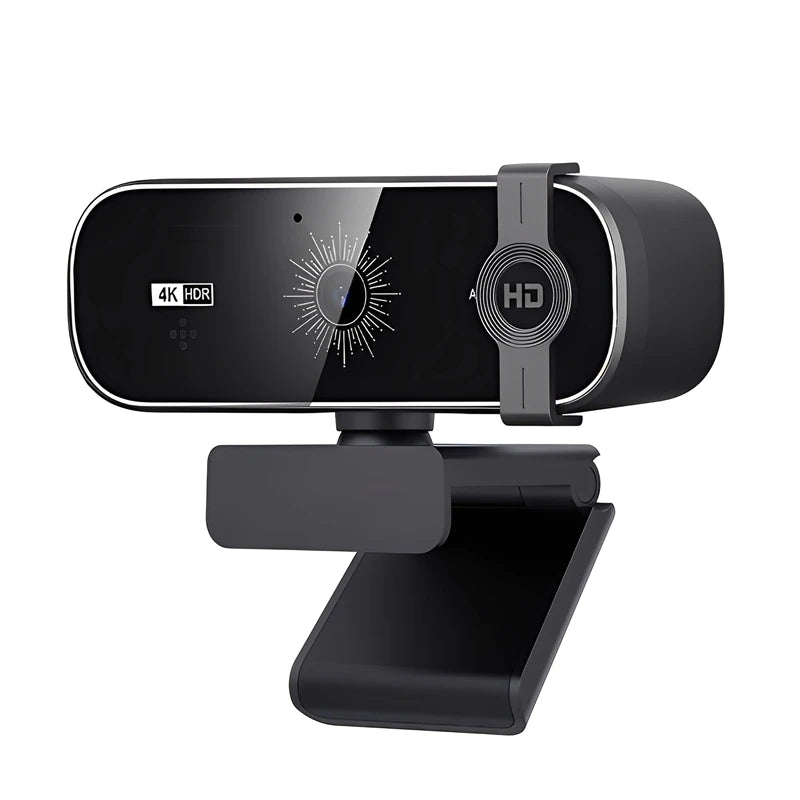 A black 4K HDR webcam with a privacy cover and microphone mounted on a clamp.