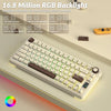 A close-up view of a white mechanical gaming keyboard with RGB backlight features and various shortcut keys for adjustment.