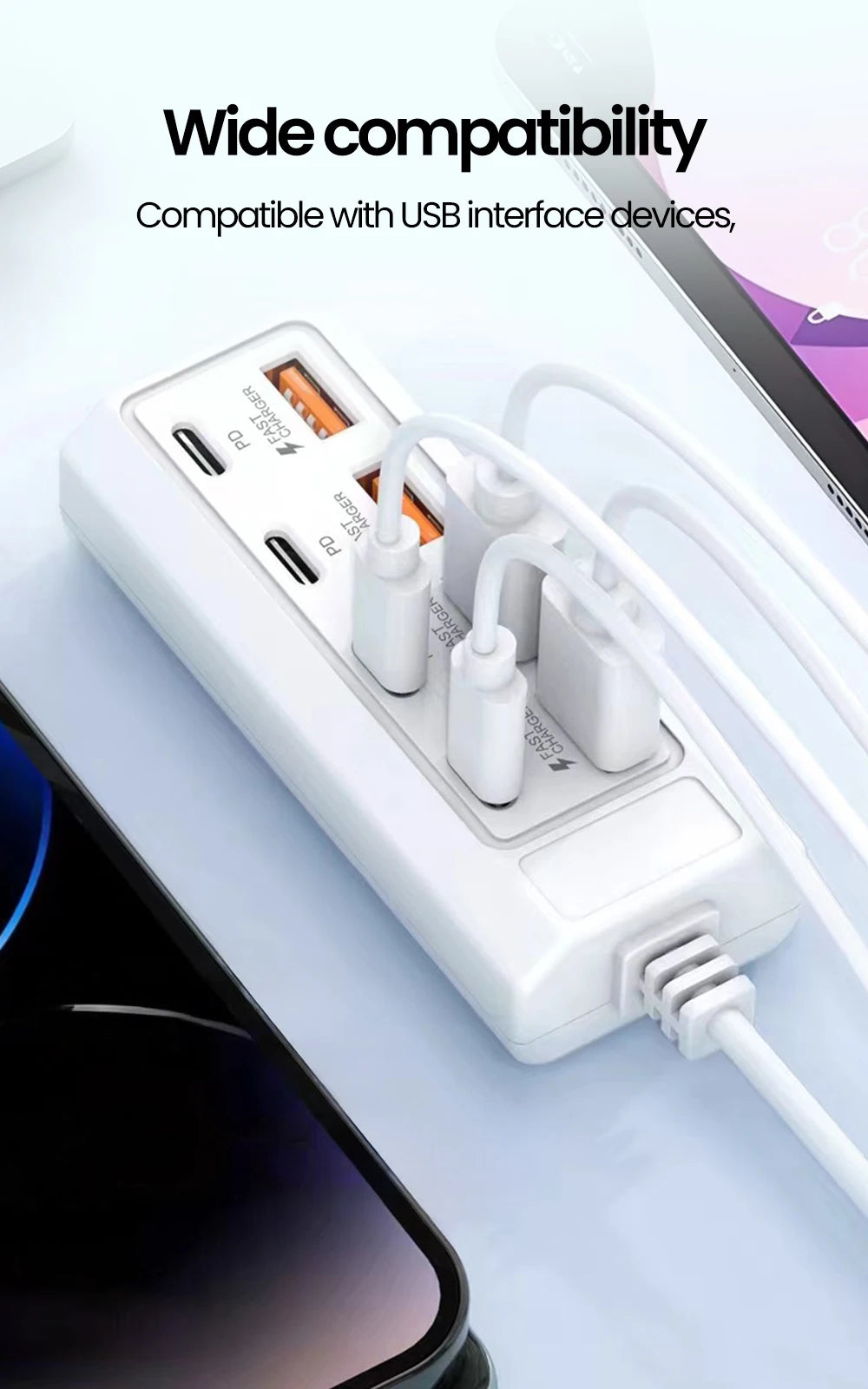 A white 8-in-1 USB wall outlet adapter with multiple ports and cables is shown next to a laptop.