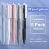 A pack of five ST push gel pens with black ink, featuring a smooth writing experience and 0.5mm size.