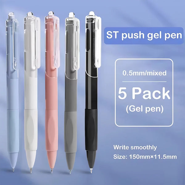 A pack of five ST push gel pens with black ink, featuring a smooth writing experience and 0.5mm size.