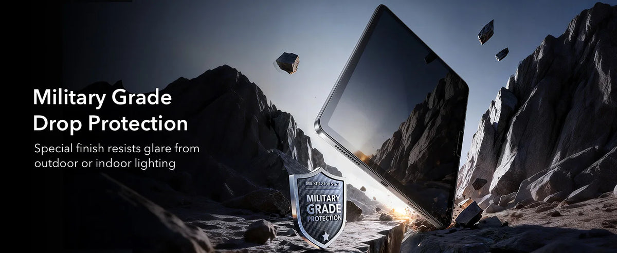 A close-up of a smartphone screen is shown against a rugged, mountainous outdoor background.