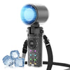 A portable handheld mini fan with a blue light and cold compress is shown against a white background.
