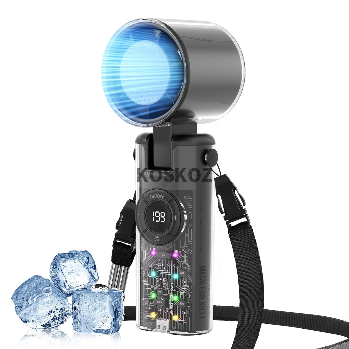 A portable handheld mini fan with a blue light and cold compress is shown against a white background.