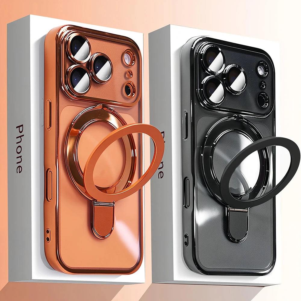A side-by-side view of a copper and black magnetic phone case with a stand for an iPhone.
