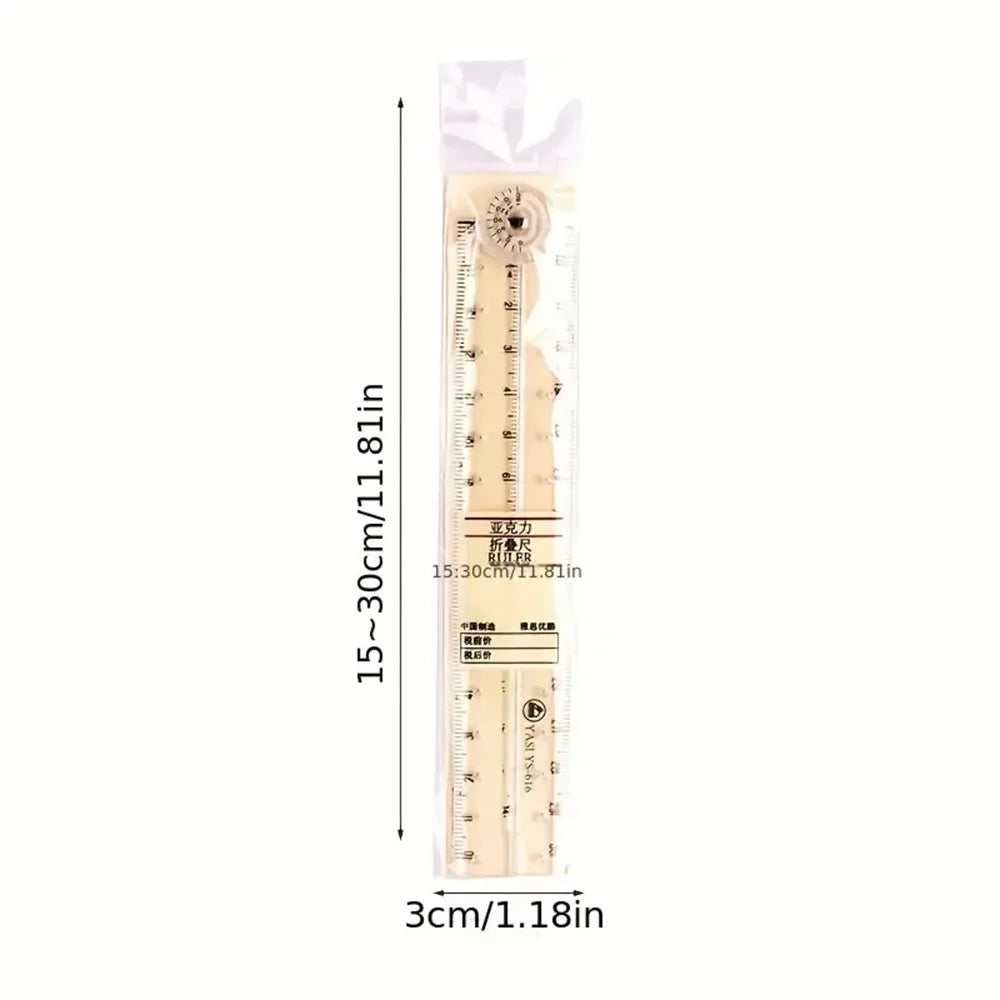 A set of precision acrylic folding rulers with measurement markings and a circular tool.