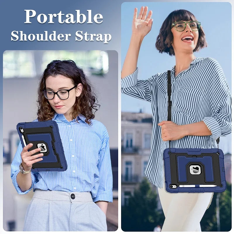 A woman is shown using a portable shoulder strap and protective case for an iPad.
