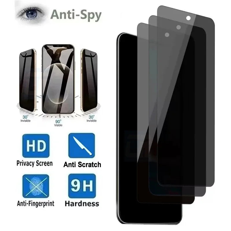 Anti-Spy privacy tempered glass screen protector for Moto smartphones showing various features like HD visibility and 9H hard