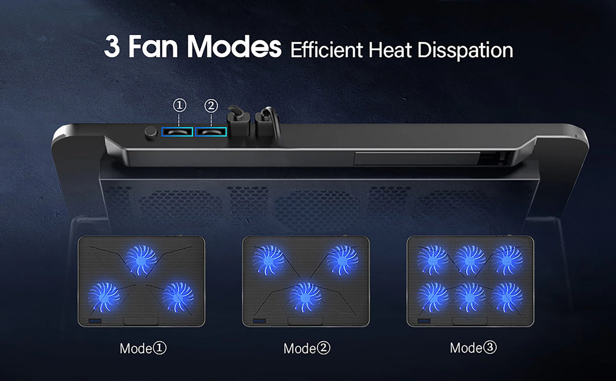 An adjustable laptop cooling pad showing three fan modes for efficient heat dissipation.
