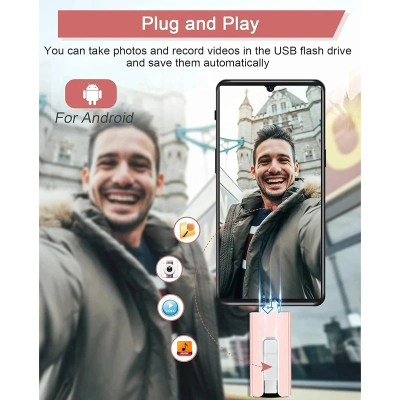 Un smartphone se connecte à un adaptateur de clé USB pour transférer des photos et vidéos.