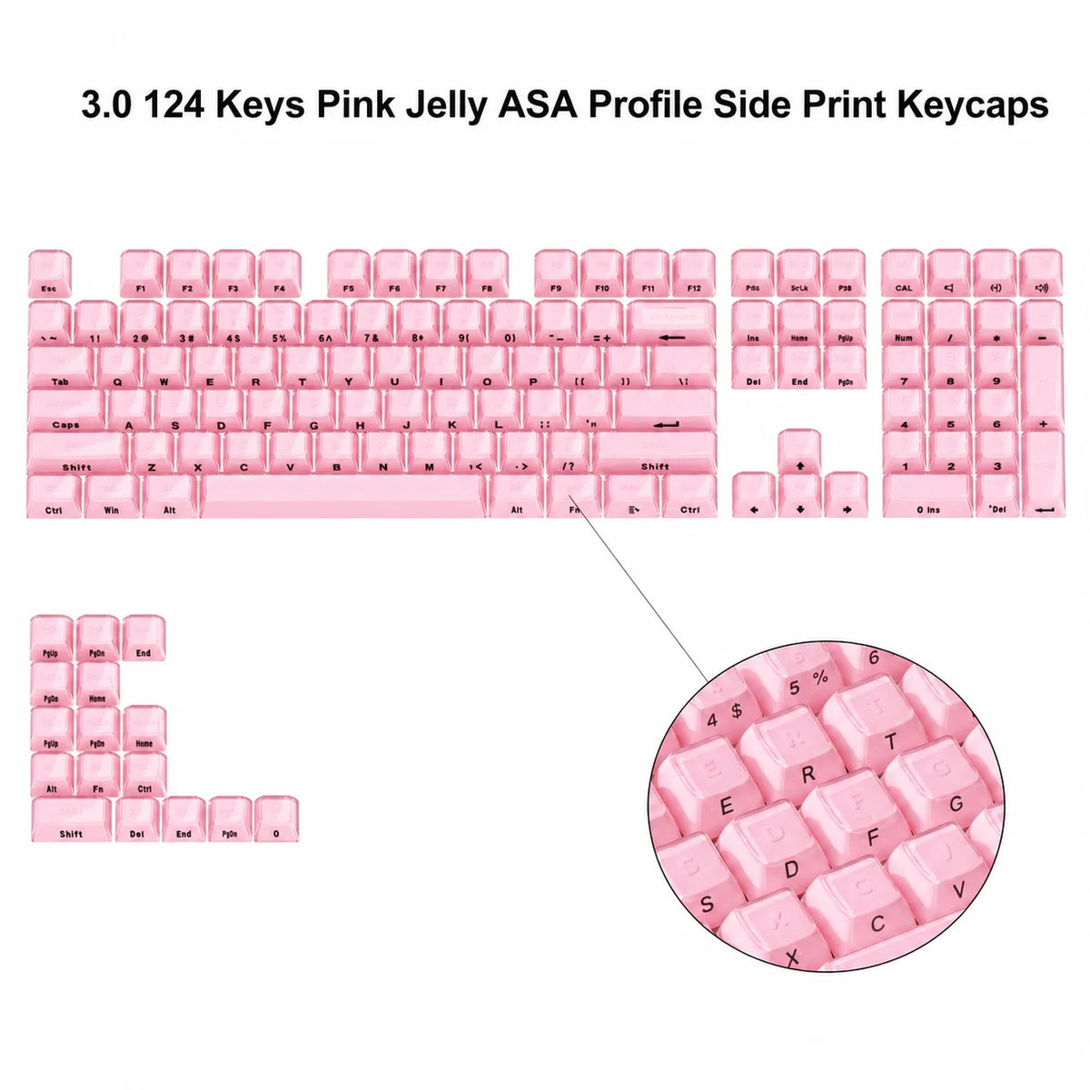 A close-up view of pink jelly ASA profile keycaps for a mechanical keyboard, showing various letter and symbol keys.