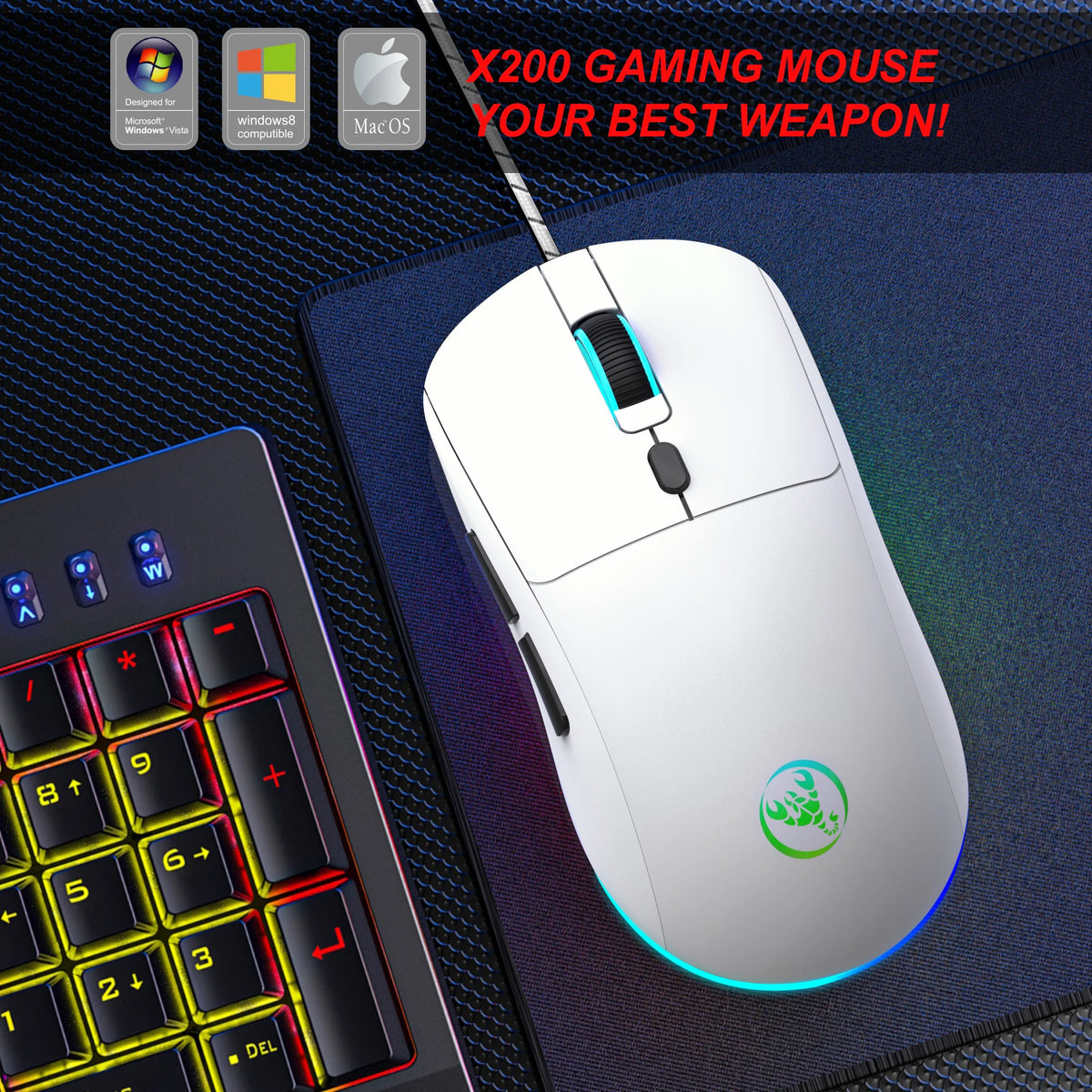 A white gaming mouse is shown resting on a dark surface next to a mechanical keyboard.