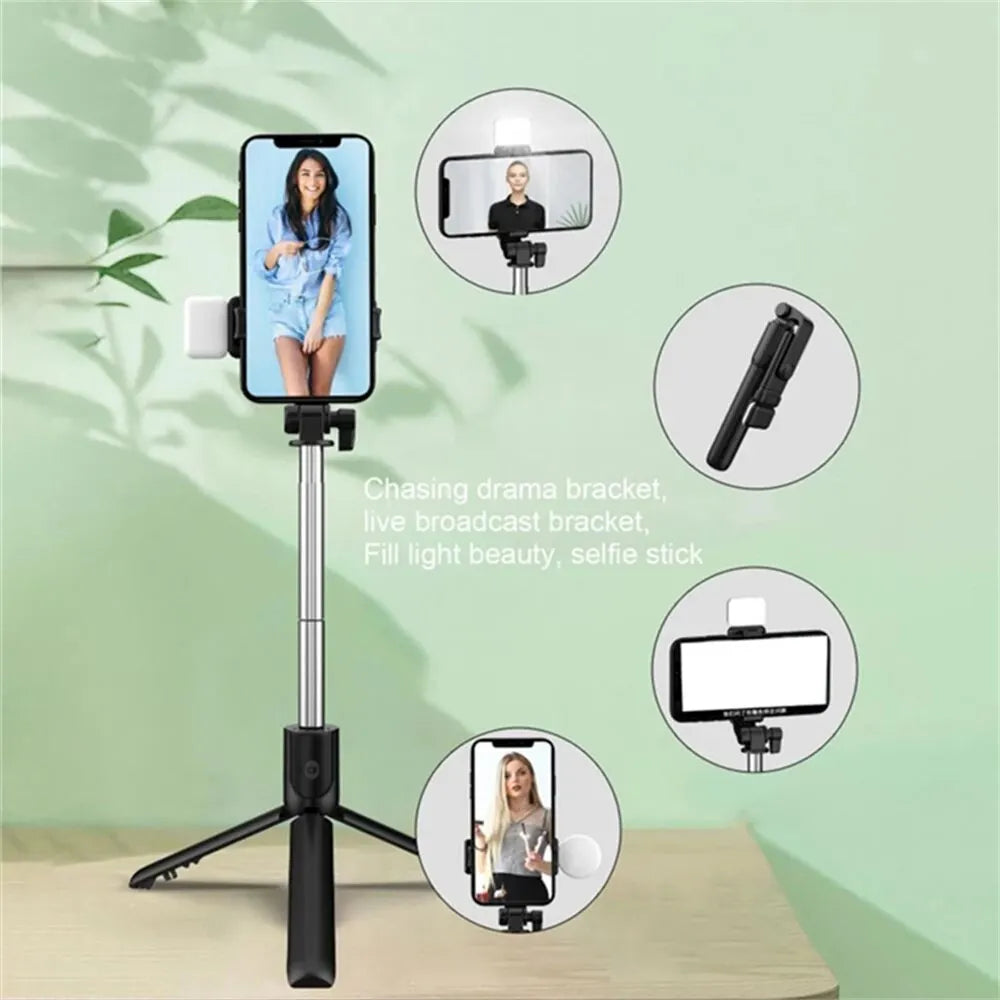 A silver extendable Bluetooth selfie stick with a fill light mounted on a tripod, shown next to various usage examples.