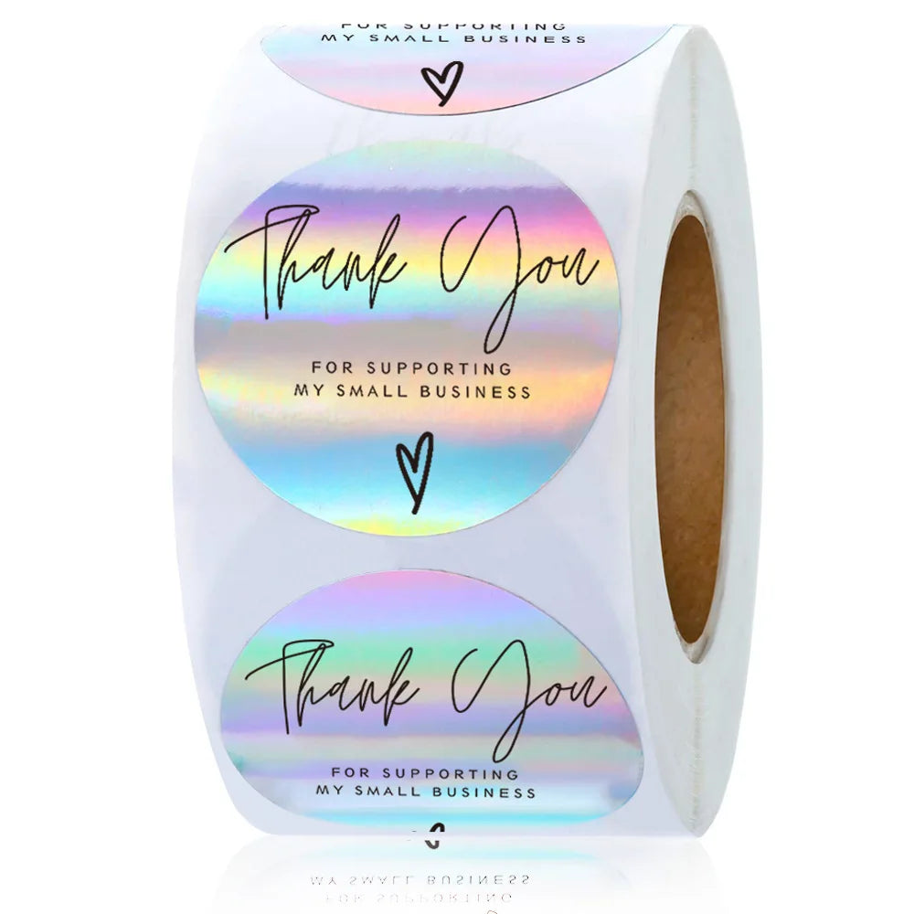 Roll of rainbow laser thank you stickers for gifts and packaging