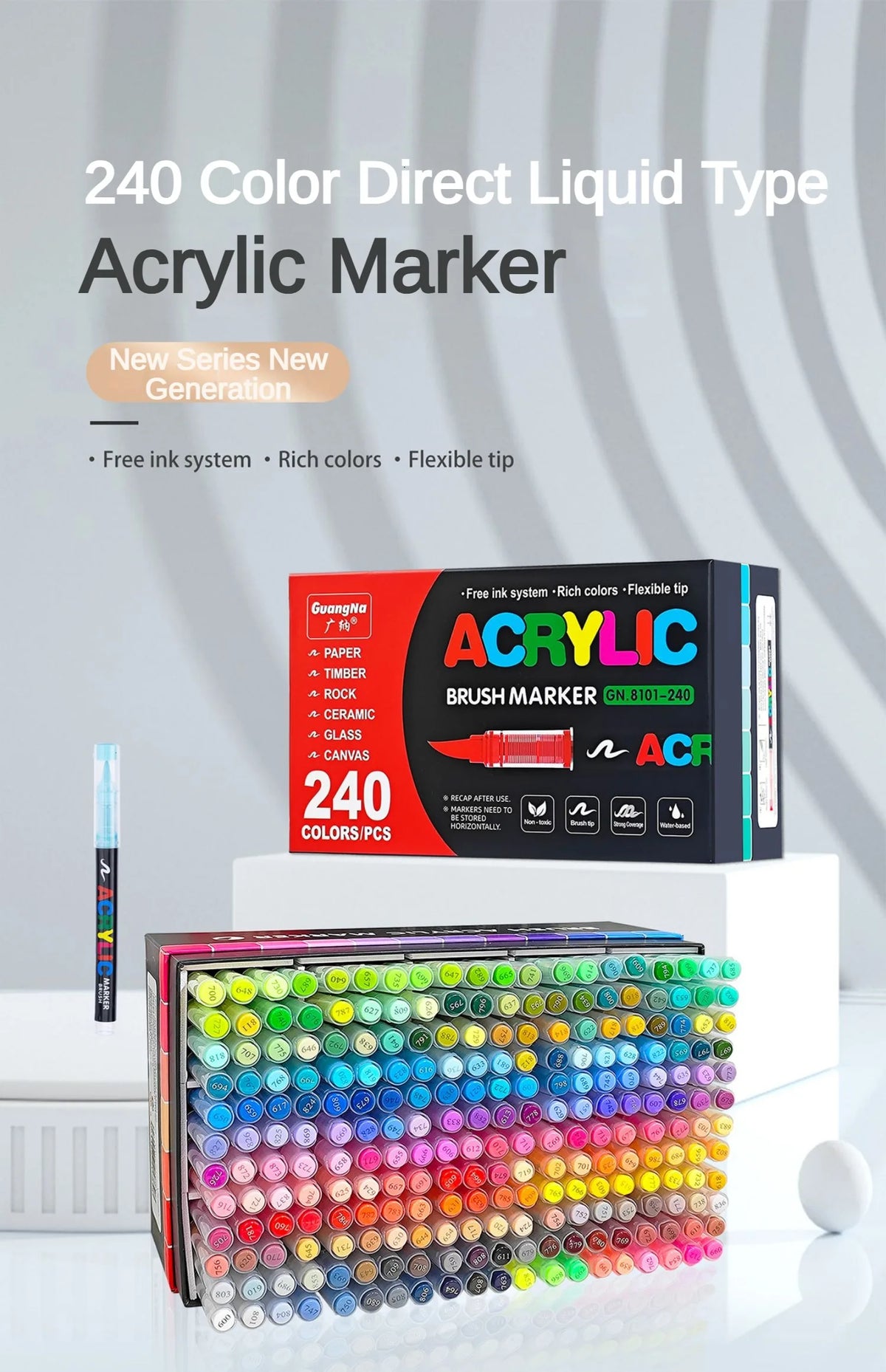 A box of 240 color direct liquid type acrylic markers and a large set of assorted colored markers are displayed on a white su