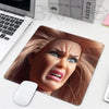 A realistic doll face design mouse pad featuring a brown hairstyle and intense expression.