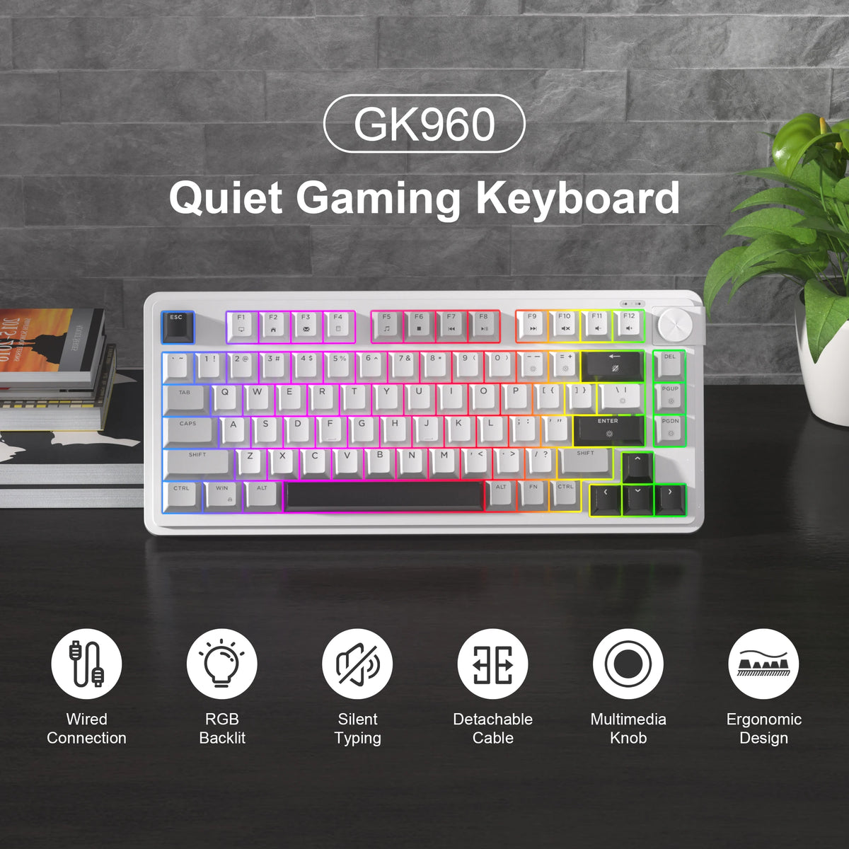 Teclado de juego blanco GK960 silencioso con retroiluminación RGB y perilla giratoria sobre una superficie oscura.