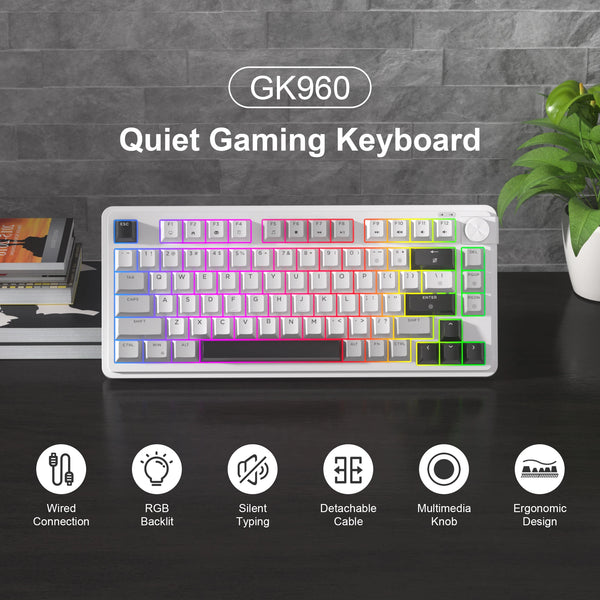 A white GK960 quiet gaming keyboard with RGB backlighting and a rotary knob displayed on a dark surface.