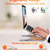 A laptop is supported by a silver USB-C docking station with a 9-level adjustable angle for ergonomic use.