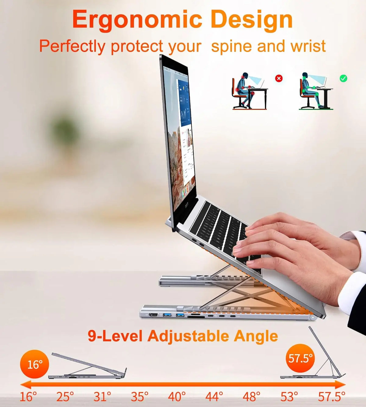 A laptop is supported by a silver USB-C docking station with a 9-level adjustable angle for ergonomic use.