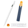 A white universal stylus pen with an orange grip and a blue sleeve, shown next to spare tips and a charging cable.