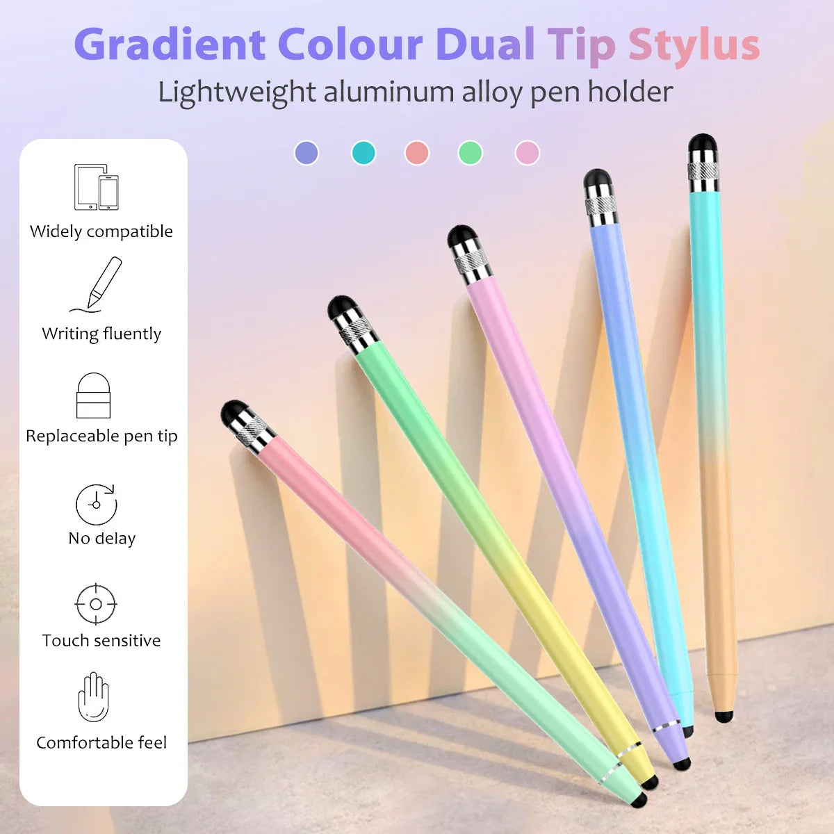 A set of lightweight aluminum alloy dual tip stylus pens in various colors displayed on a white background.