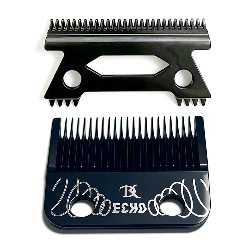 A black professional cordless hair clipper featuring precision fade blades and a protective housing.