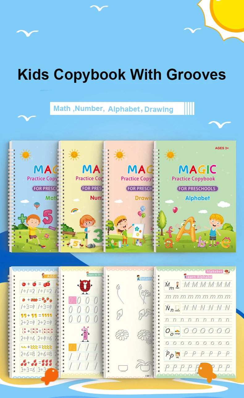 Kids Copybook with grooves for Math, Number, Alphabet, and Drawing practice.