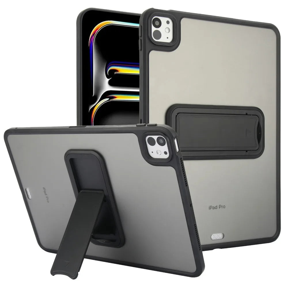 A matte gray protective case for an iPad Pro is shown with a separate cover and screen protector.