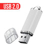 A white metal USB 2.0 flash drive with a silver connector and protective cap.