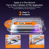 A guide showing two steps to apply a film screen protector on an iPhone, including installing the artifact and removing the d