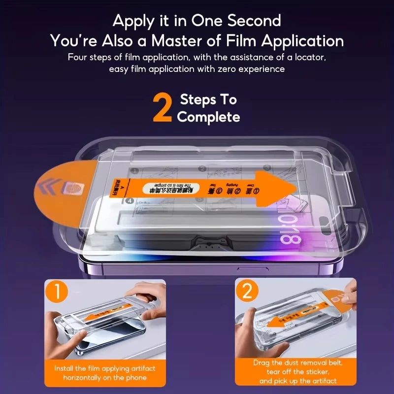 A guide showing two steps to apply a film screen protector on an iPhone, including installing the artifact and removing the d