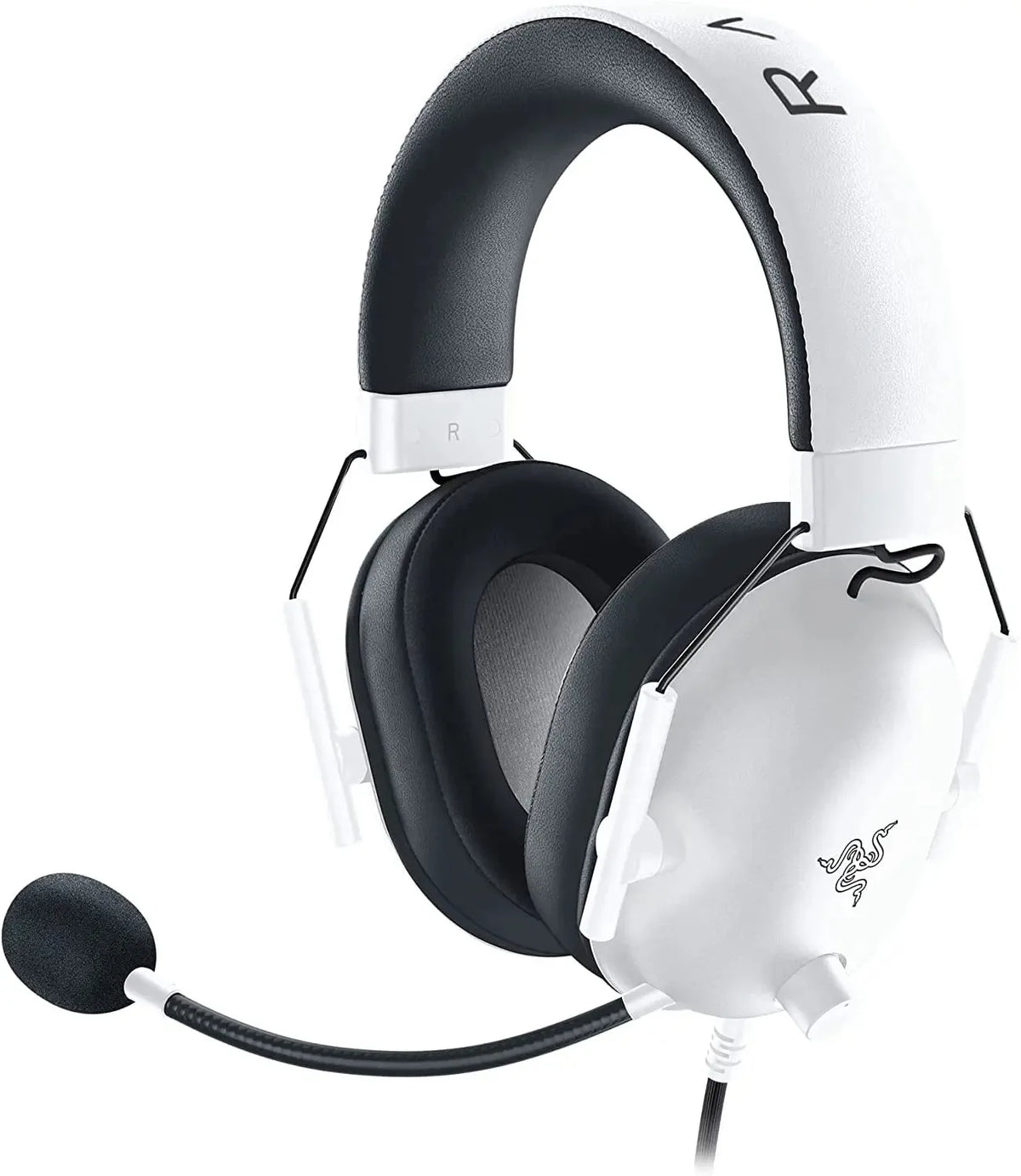 White Razer BlackShark V2 X gaming headset shown with the earcups and adjustable headband.