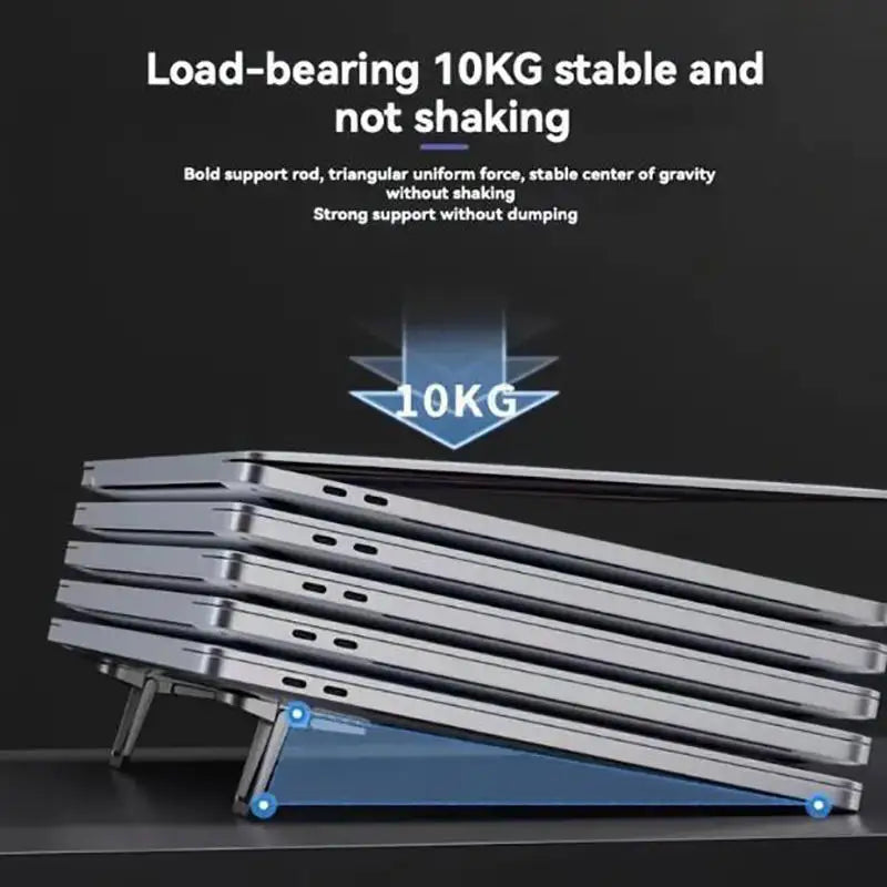 A stack of silver foldable laptop and tablet stands resting on a dark surface.