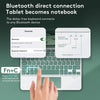 A hand presses a key on a white Bluetooth keyboard connected to an iPad notebook case.