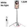 A white Bluetooth selfie stick tripod with a smartphone attached, shown against a white background.