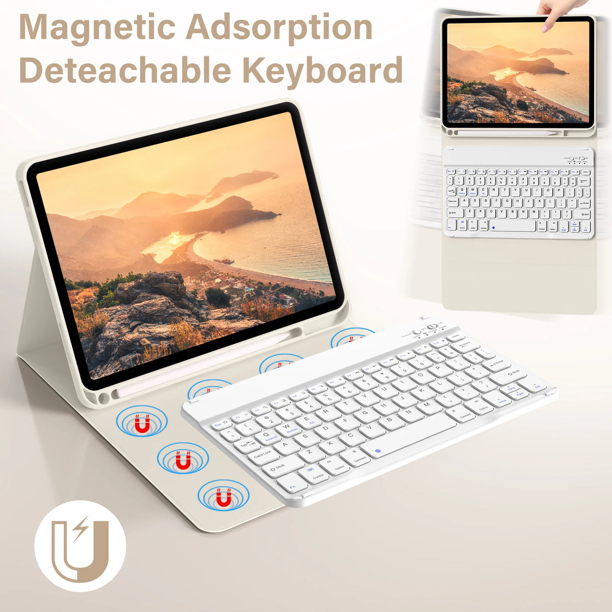 Magnetische, abnehmbare Tastatur mit iPad und Lederhülle.