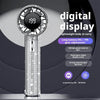 A silver digital display handheld cooling fan with a textured body and a circular grille is shown against a dark background.