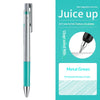 A silver and teal Pilot Juice Up fine point gel pen with a metal green ink option displayed next to product information.