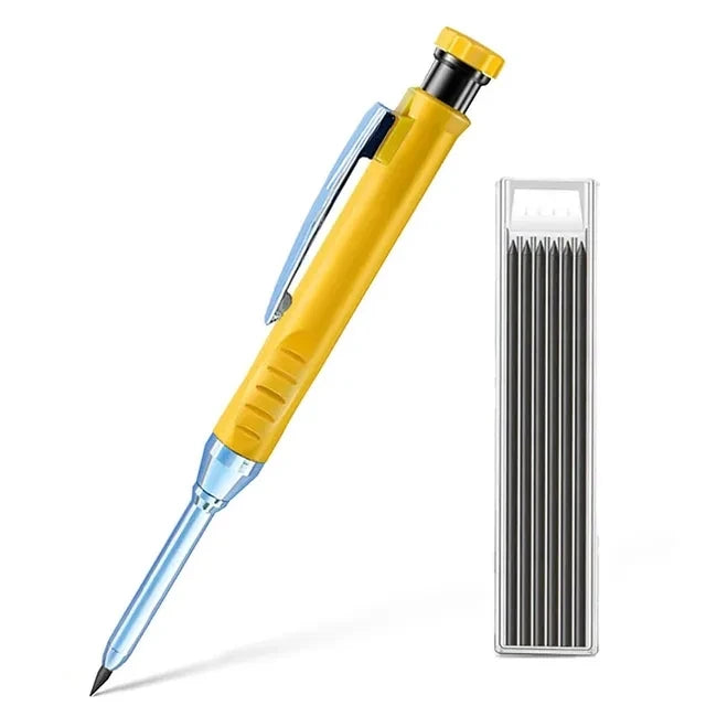 A yellow and blue carpenter mechanical pencil set with a sharpener is shown diagonally.
