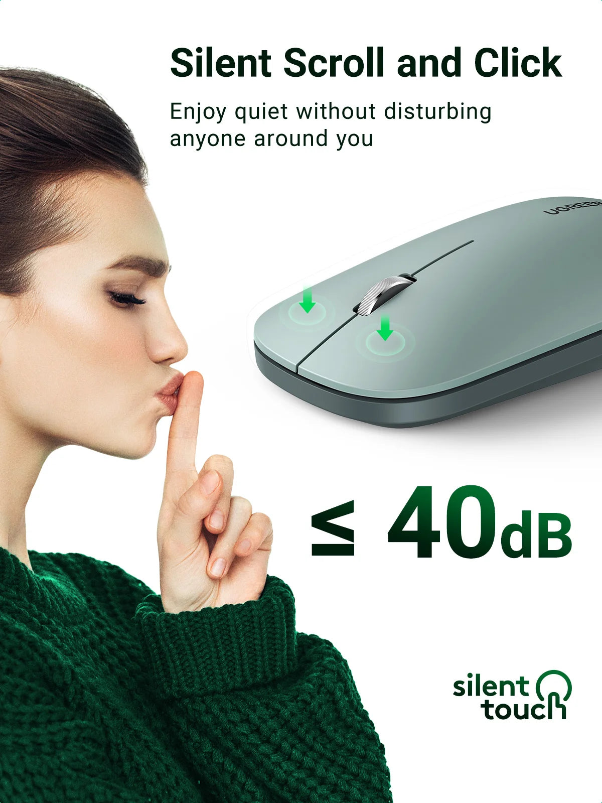 A hand is using a silent scroll and click mouse, demonstrating its quiet operation.