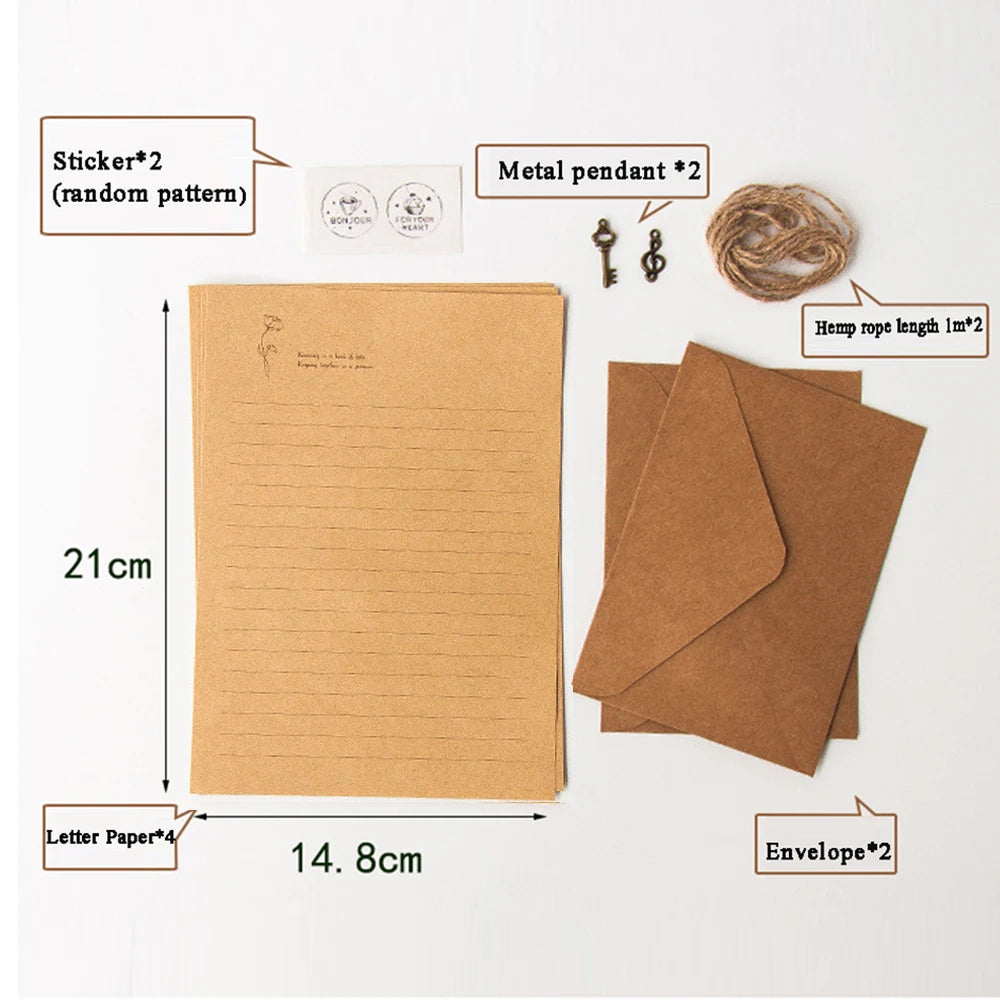 A set of vintage European style letter and invitation envelopes, including paper, stamps, metal pendants, and hemp rope.