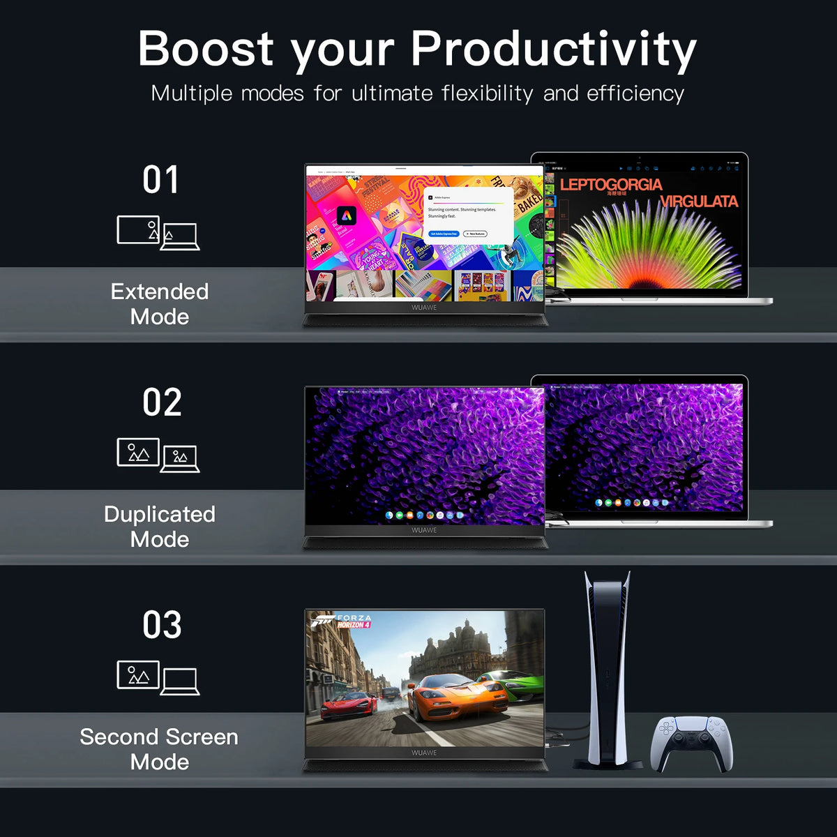 A display showing three modes of productivity for a 15.6-inch portable laptop monitor.