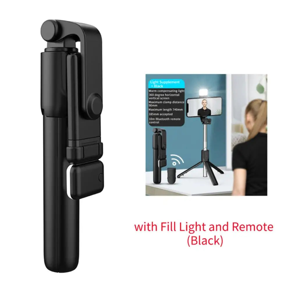 Black extendable Bluetooth selfie stick with fill light and remote control shown next to a person.