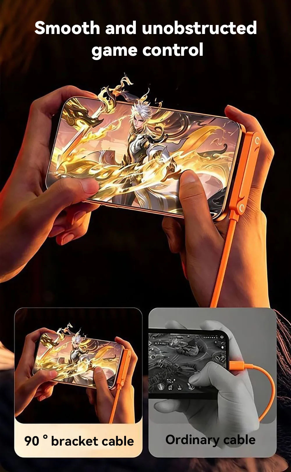Hands demonstrate a 90 degree bracket cable and an ordinary cable for smooth game control on a smartphone.