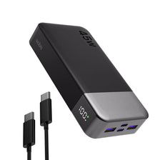 Une batterie portable noire avec une base argentée et un port de sortie USB-C.