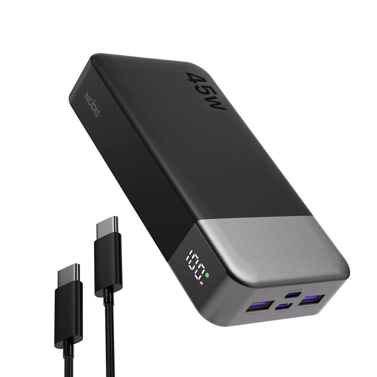 A black portable power bank with a silver base and a USB-C output port is shown from an angle.