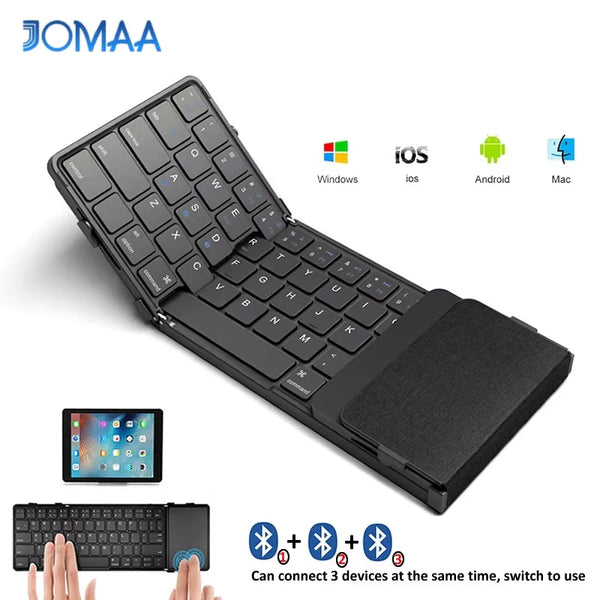 A black foldable Bluetooth keyboard with a touchpad shown next to various operating system logos.