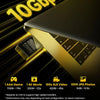Gros plan d'un boîtier SSD M.2 NVMe couleur or avec dissipateur noir, mettant en évidence une capacité de transfert de donnée